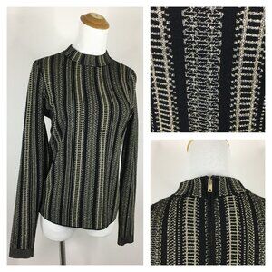 REISS Long Sleeve Black Gold Glitter Mock Neck Zip Back Stretch Knit Sweater